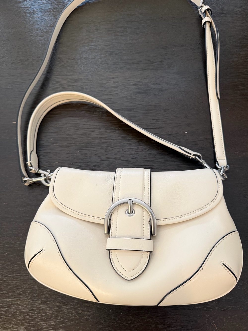 Cream Leather Shoulder Bag with Buckle Accent